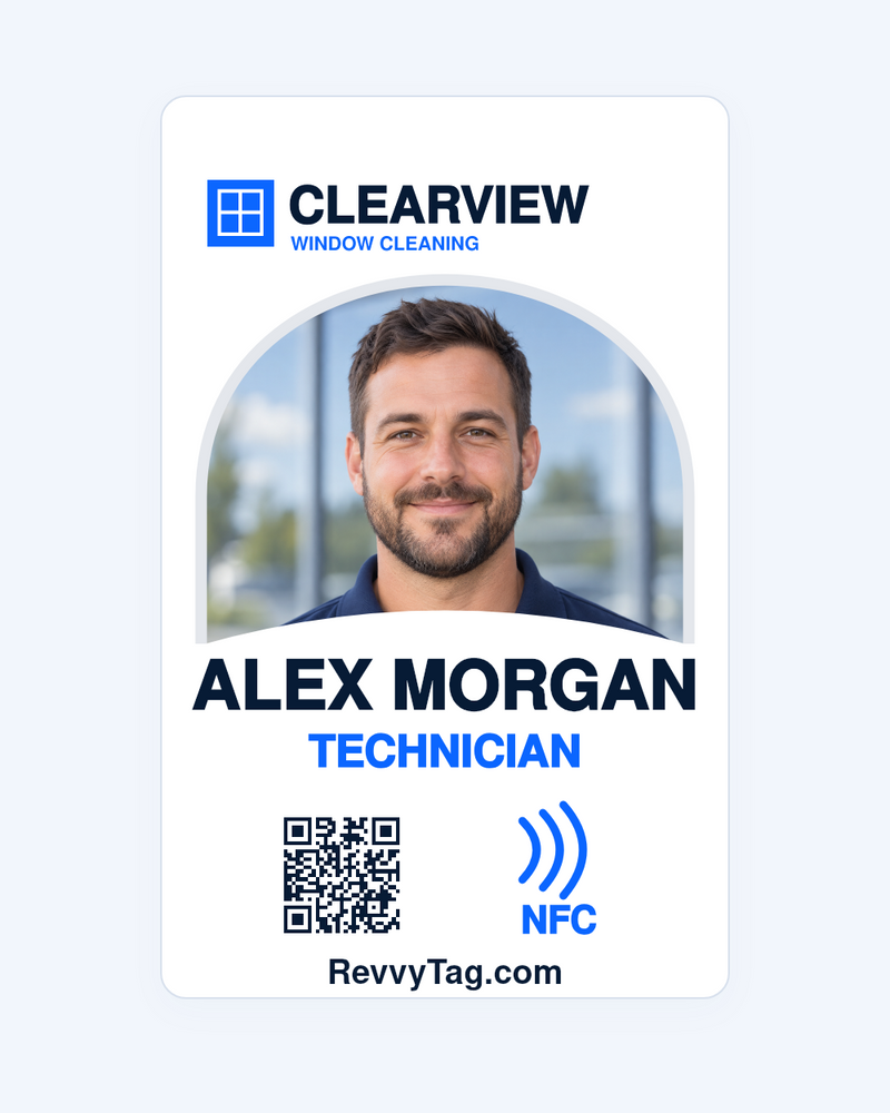RevvyTag arch badge with sample technician Alex Morgan, Clearview Window Cleaning logo, QR code and NFC symbol