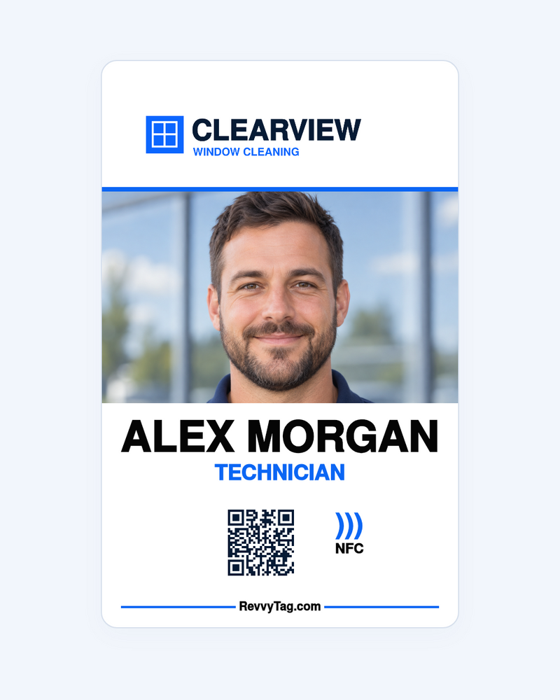 RevvyTag classic badge with sample technician Alex Morgan, Clearview Window Cleaning logo, QR code and NFC symbol