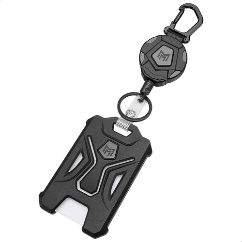 Black retractable badge holder with carabiner, reel and card holder