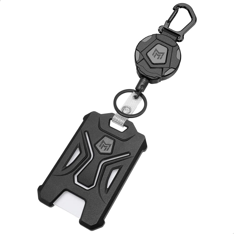 Black retractable badge holder with carabiner, reel and card holder
