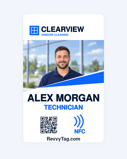 RevvyTag diagonal badge with sample technician Alex Morgan, Clearview Window Cleaning logo, QR code and NFC symbol