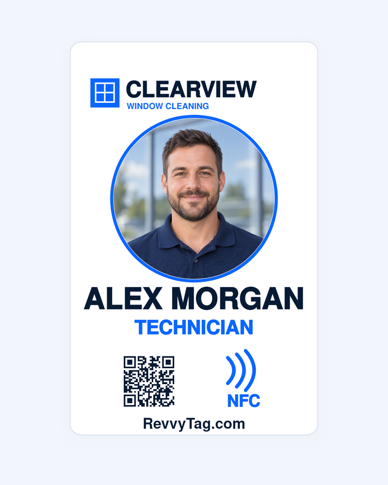 RevvyTag round badge with sample technician Alex Morgan, Clearview Window Cleaning logo, QR code and NFC symbol